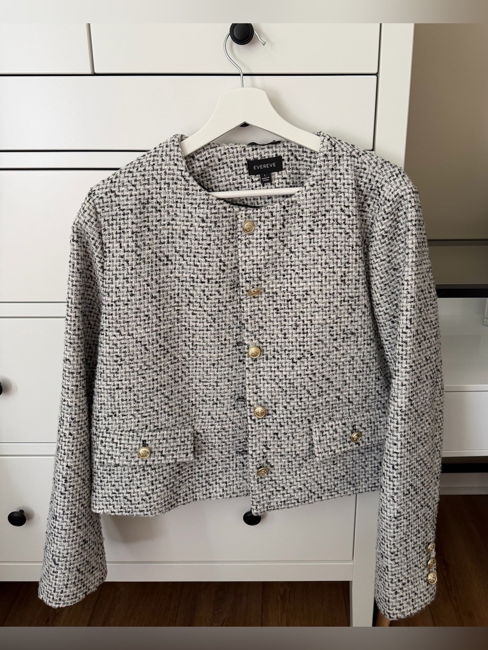 Evereve Tweed Cropped Jacket Gold Buttons Black White L